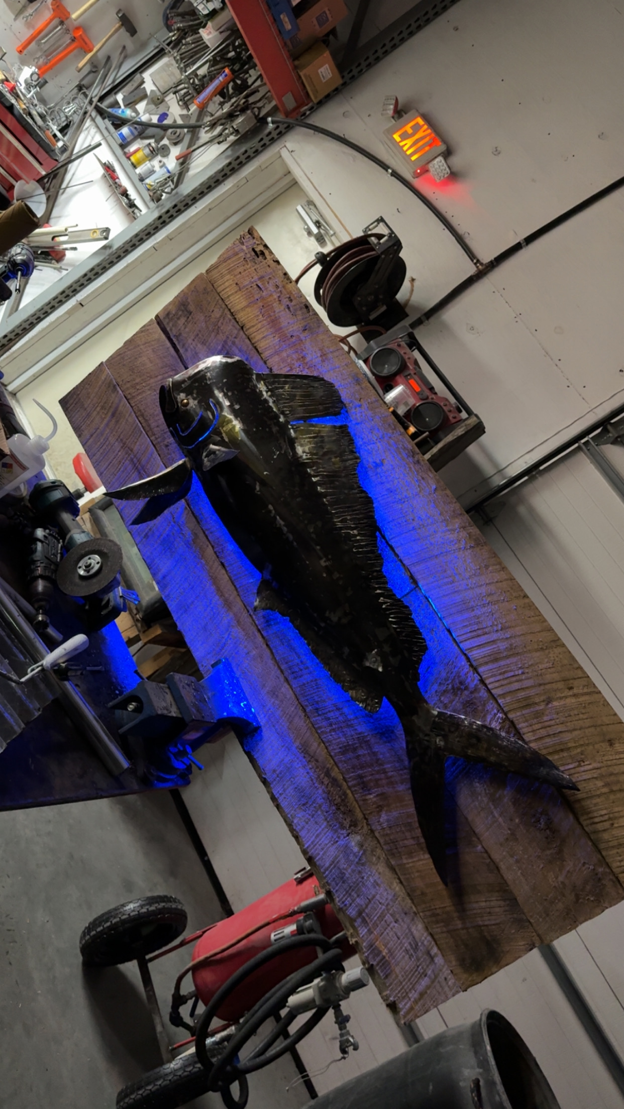 Dark steel sailfish sculpture lit from below with blue LED lighting