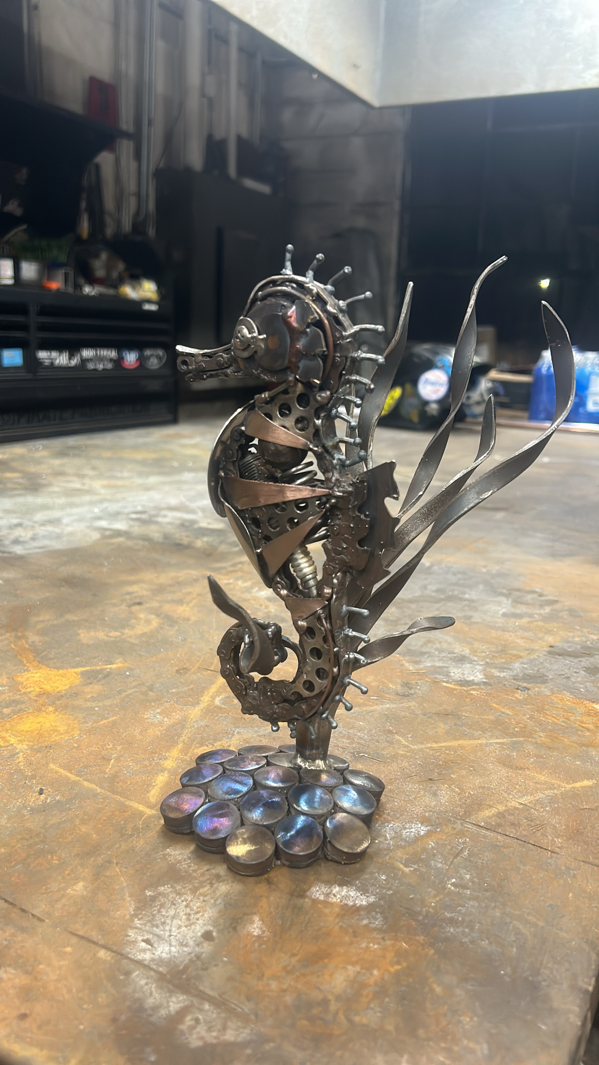 Layered steel seahorse sculpture shaped by hand